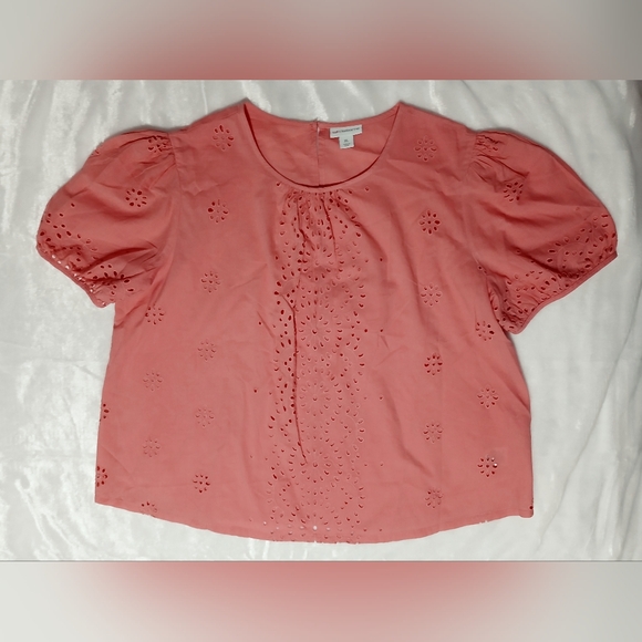 Coral Eyelet Over-sized Blouse with Short Puff Sleeves - Picture 1 of 11